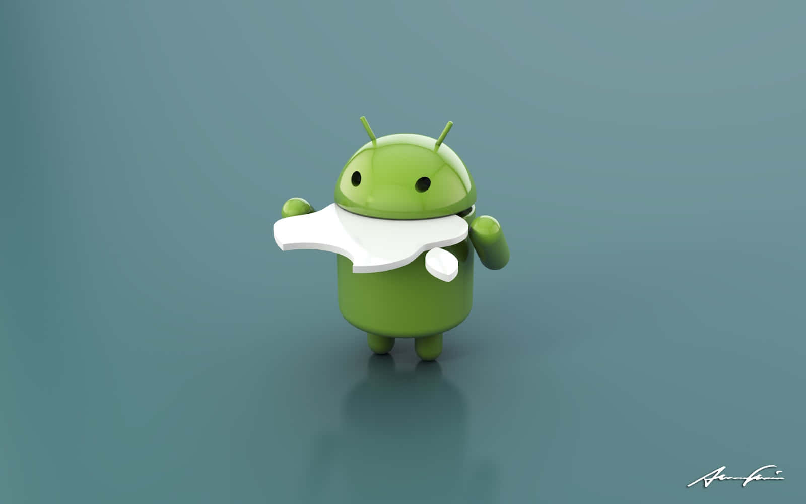 綠色Android吉祥物喺青綠色背景上揸住白色智能手機。