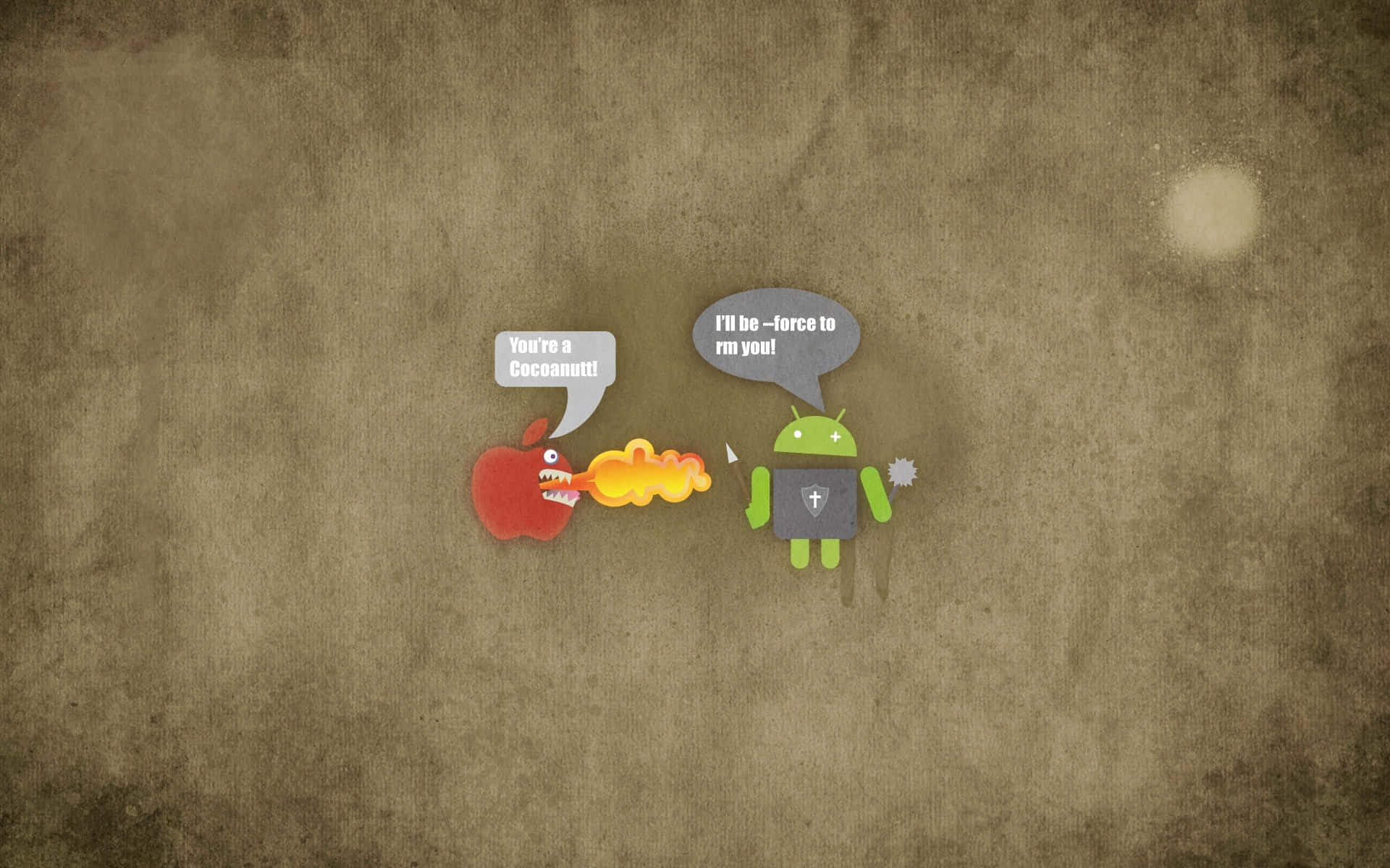 卡通蘋果同Android吉祥物用對話氣泡爭論。