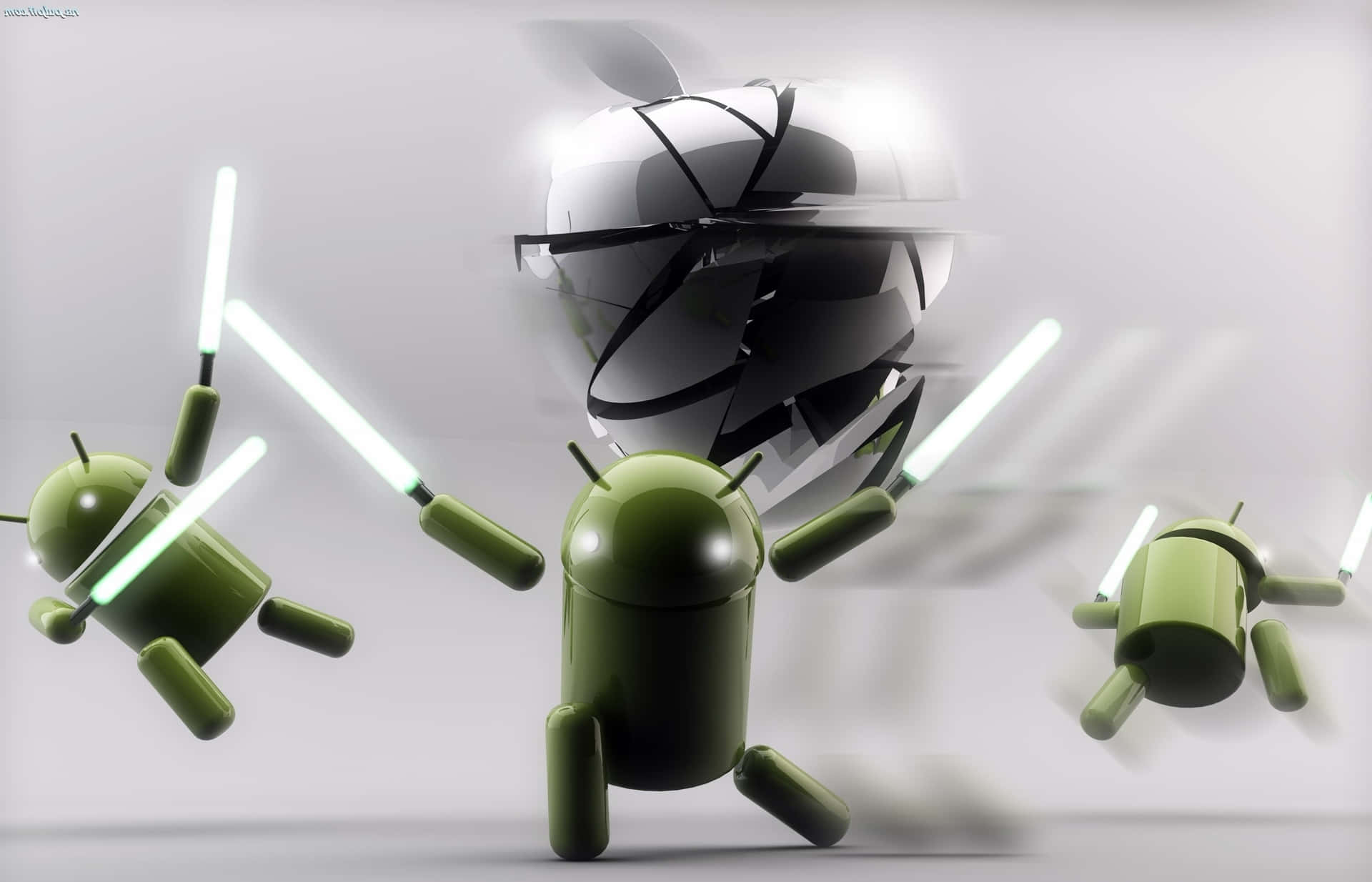 三個綠色Android機器人在未來主義的決鬥中揮舞光劍。