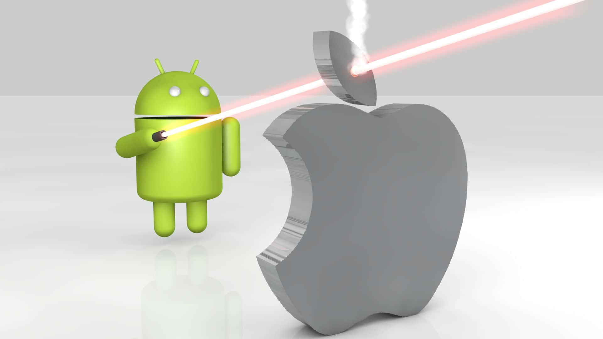 綠色Android角色向銀色Apple標誌射擊激光。