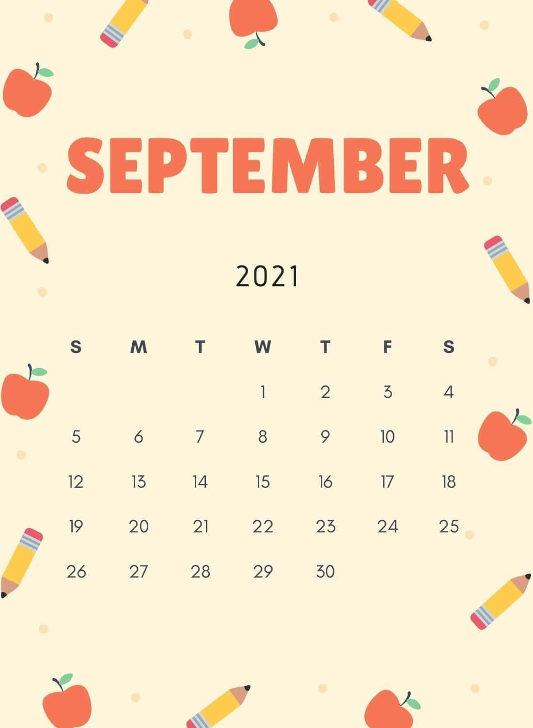 2021年9月日曆，以蘋果和鉛筆裝飾。