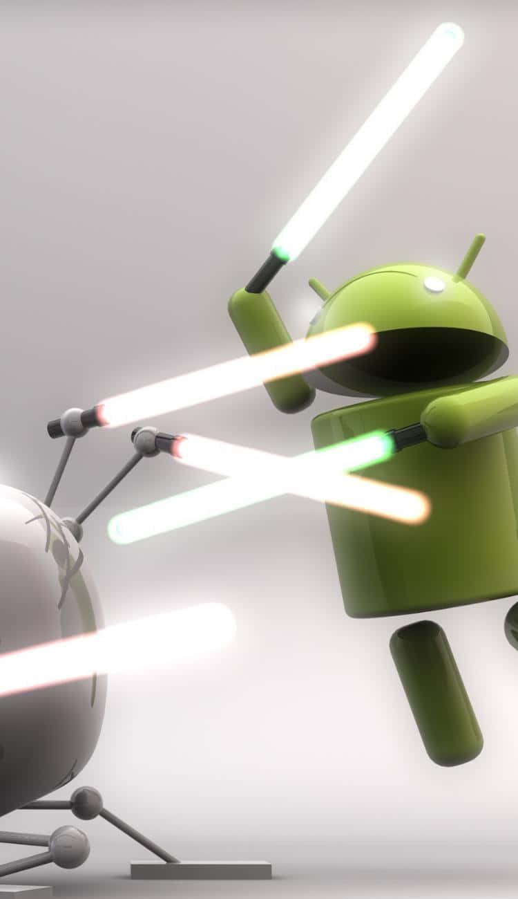 綠色Android機械人用光劍與銀色機械人戰鬥。