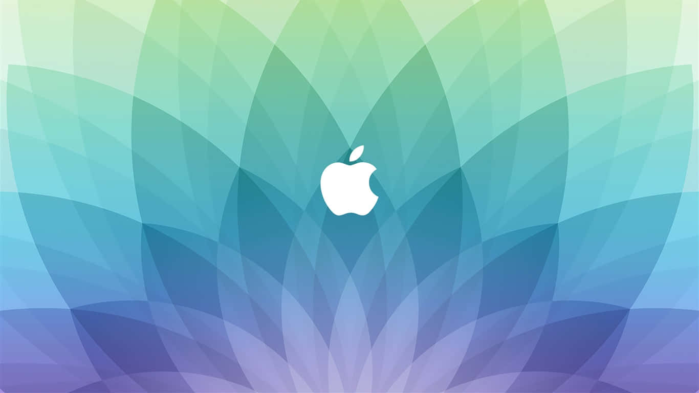 蘋果靈感1366x768解析度桌面背景 壁紙 — 一個白色Apple標誌置於風格化蓮花中央，花瓣呈藍、綠、紫漸變色。