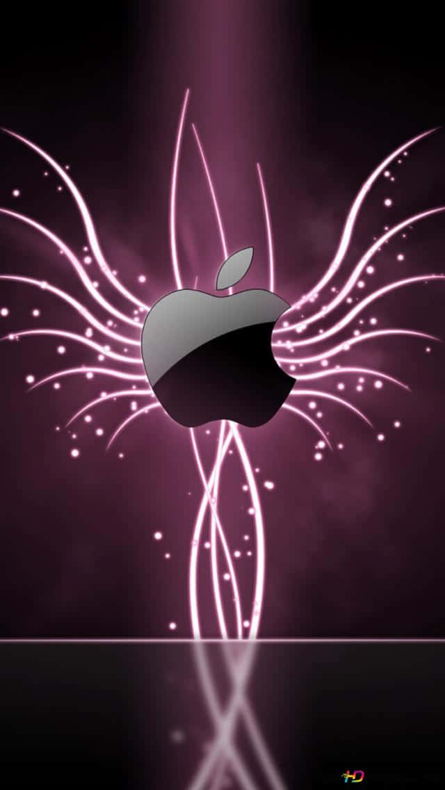 Apple標誌在深紫色背景上帶有發光的粉紅色能量線和閃爍效果