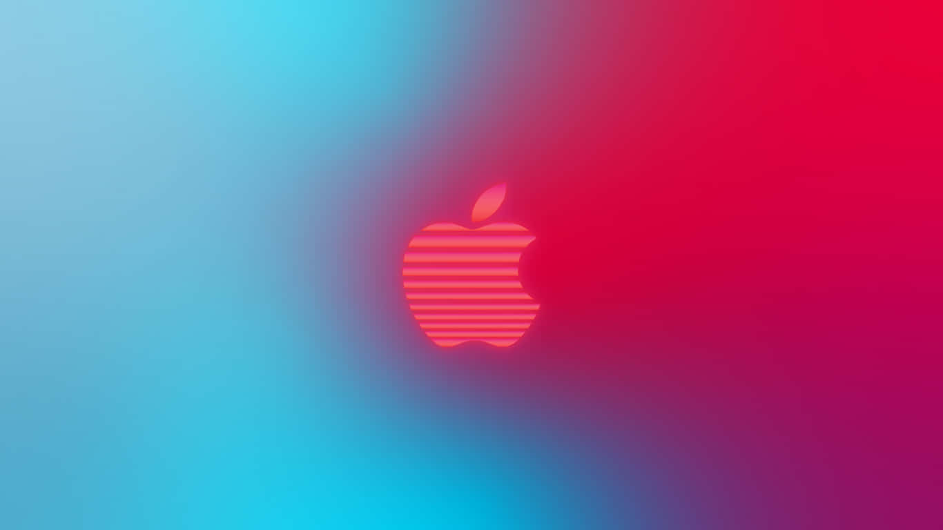 蘋果靜置於沙灘之上 壁紙 — 發光的Apple標誌，帶有水平條紋，居中於充滿活力的藍色到紅色漸變背景上。