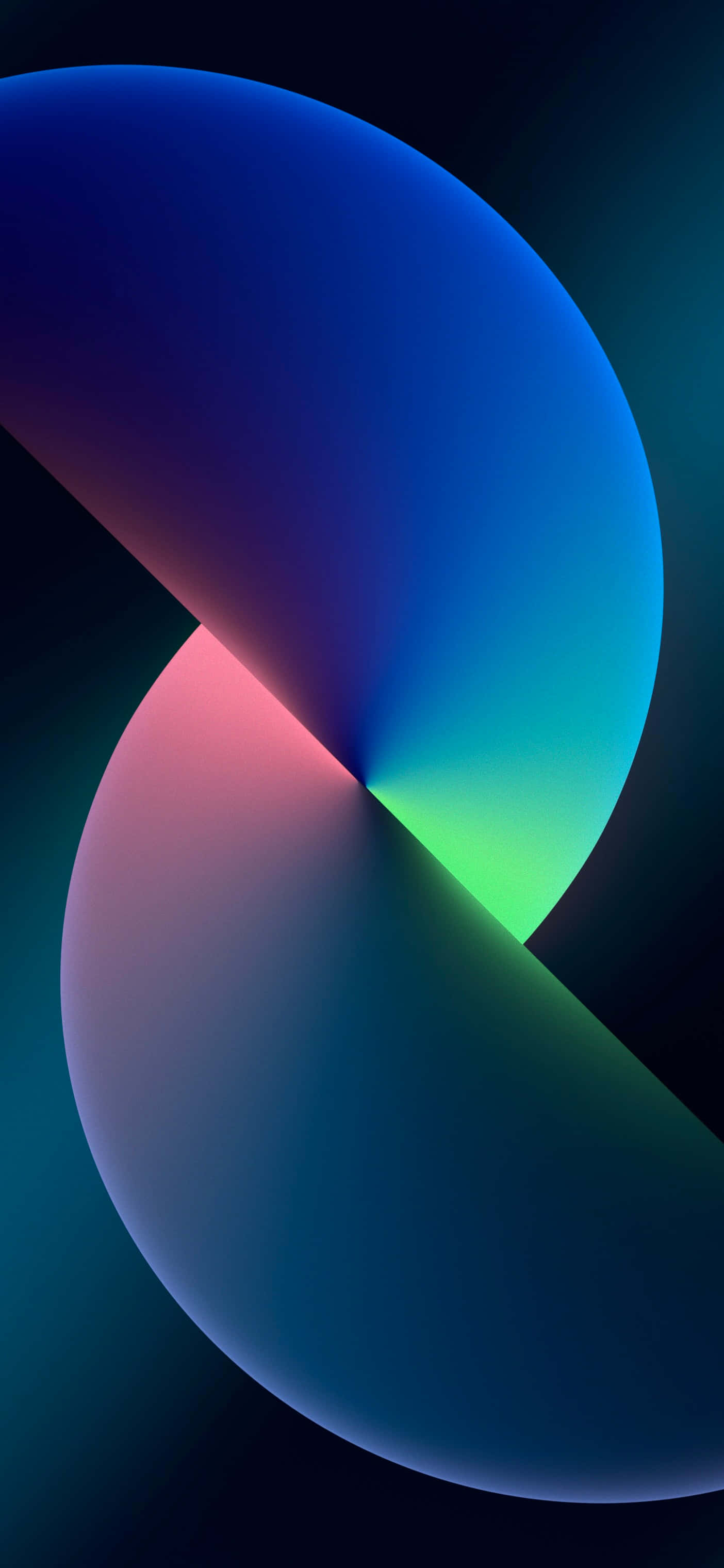 蘋果風格背景於Pixel 3手機螢幕上展示 壁紙 — 兩個發光的彎曲形狀在藍色、粉紅色和綠色的漸變中交織，背景為深色。