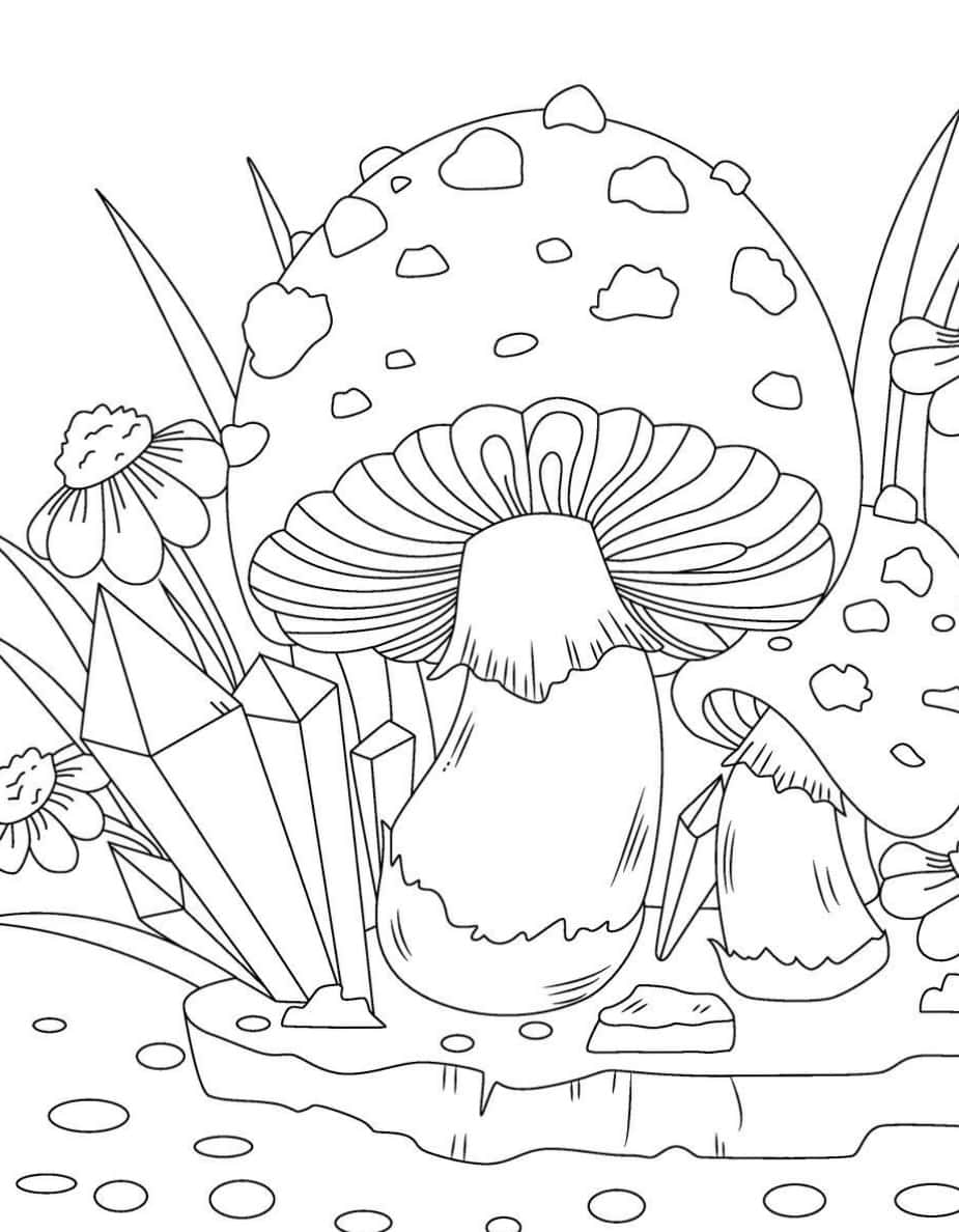 蘑菇塗色圖 壁紙 — 一幅異想天開的黑白線條畫，描繪了森林空地中生長在幾何晶體和花朵旁邊的巨大斑點蘑菇。