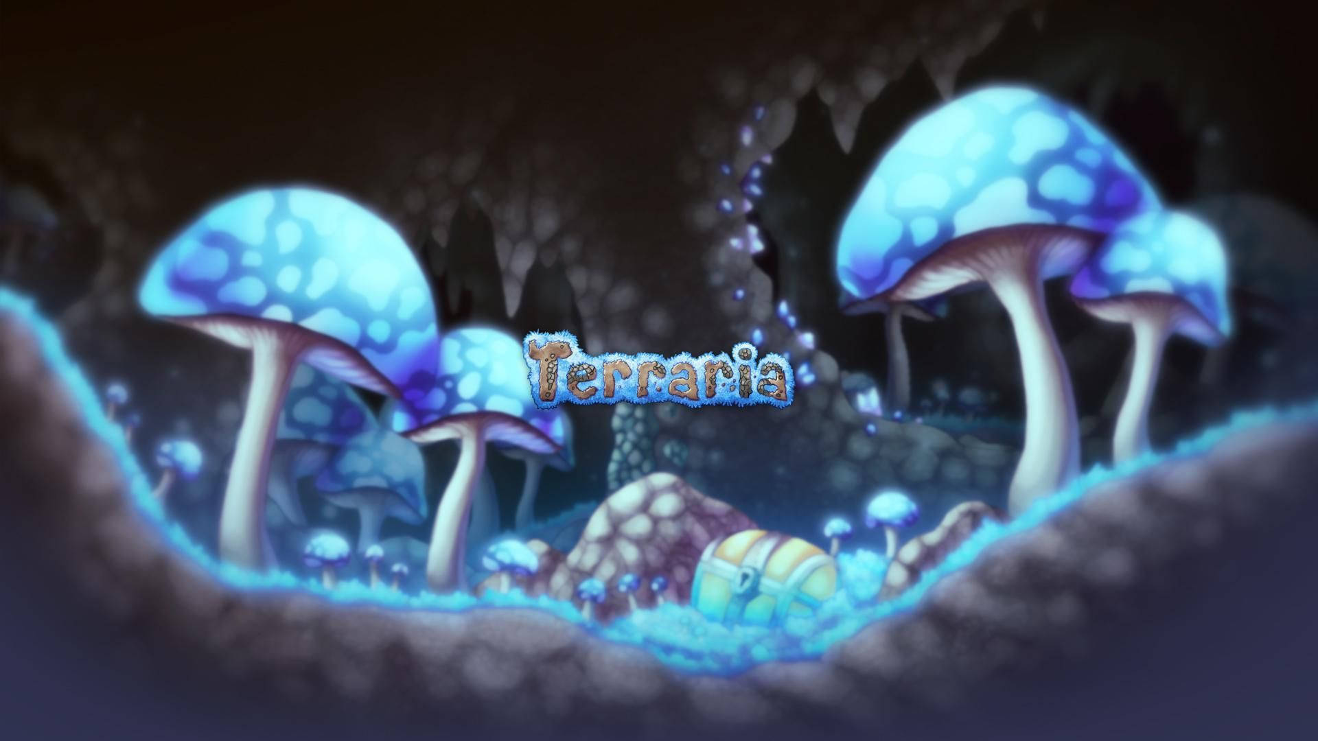 黑暗洞穴中的發光藍色蘑菇、寶箱和Terraria標誌。