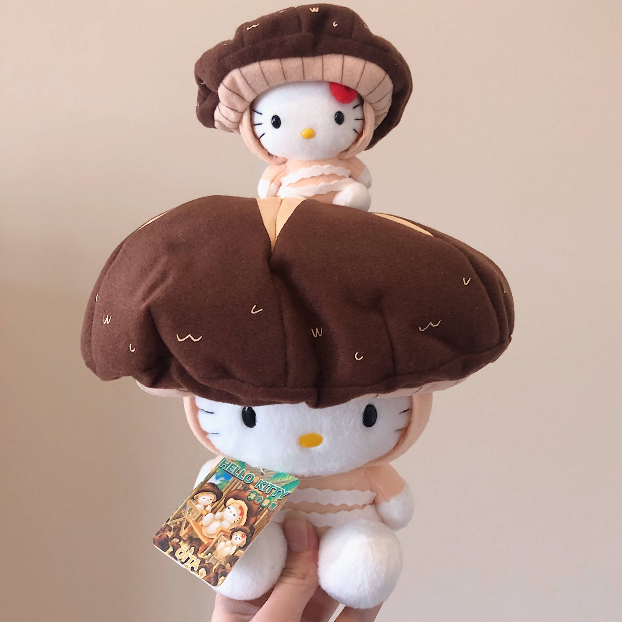 兩個Hello Kitty毛公仔打扮成蘑菇握在手中。 — Hello kitty 美學 GIF 壁紙