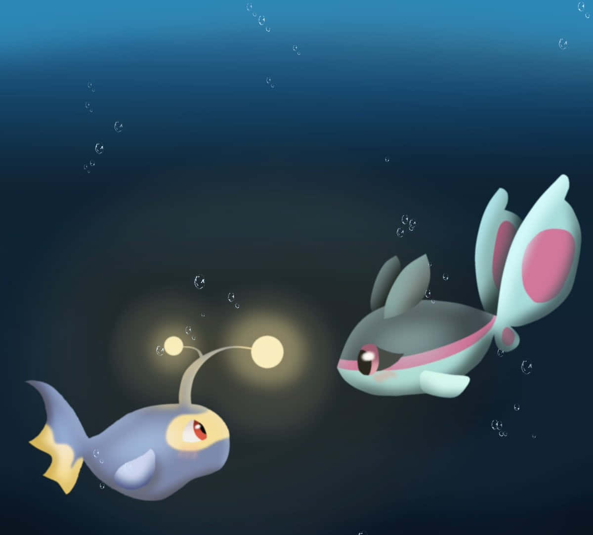 兩條發光的卡通魚在黑暗的海水中游動，伴隨著氣泡。