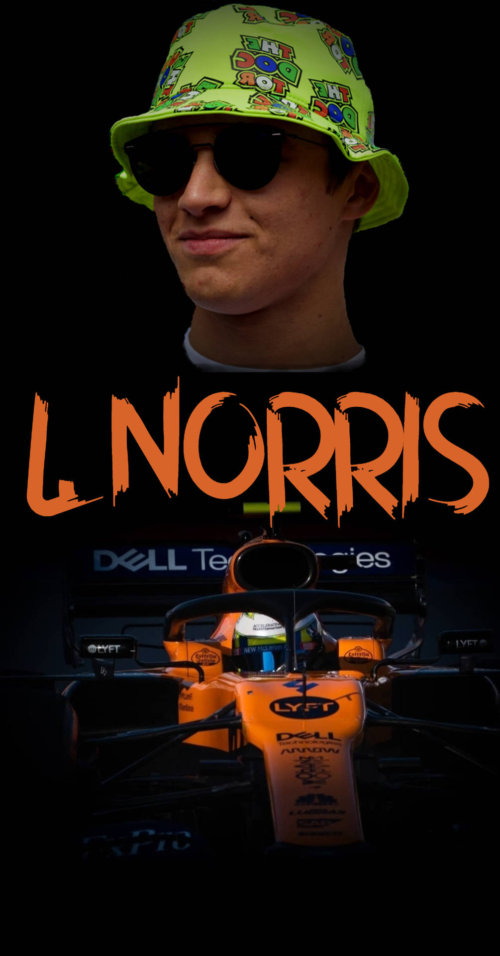 L Norris戴著綠色帽子和太陽眼鏡，下方是他的橙色賽車。