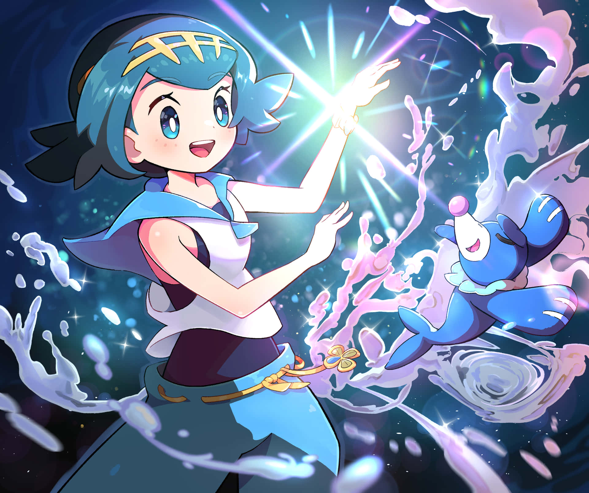 動漫女孩和藍色寶可夢在太空中創造水魔法