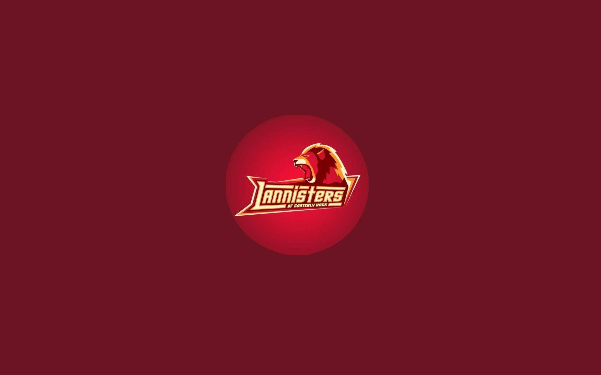 蘭尼斯特家族校隊設計 壁紙 — 一個大膽的紅色獅子頭標誌，帶有 'Lannisters' 文字，在深栗色背景上發光。