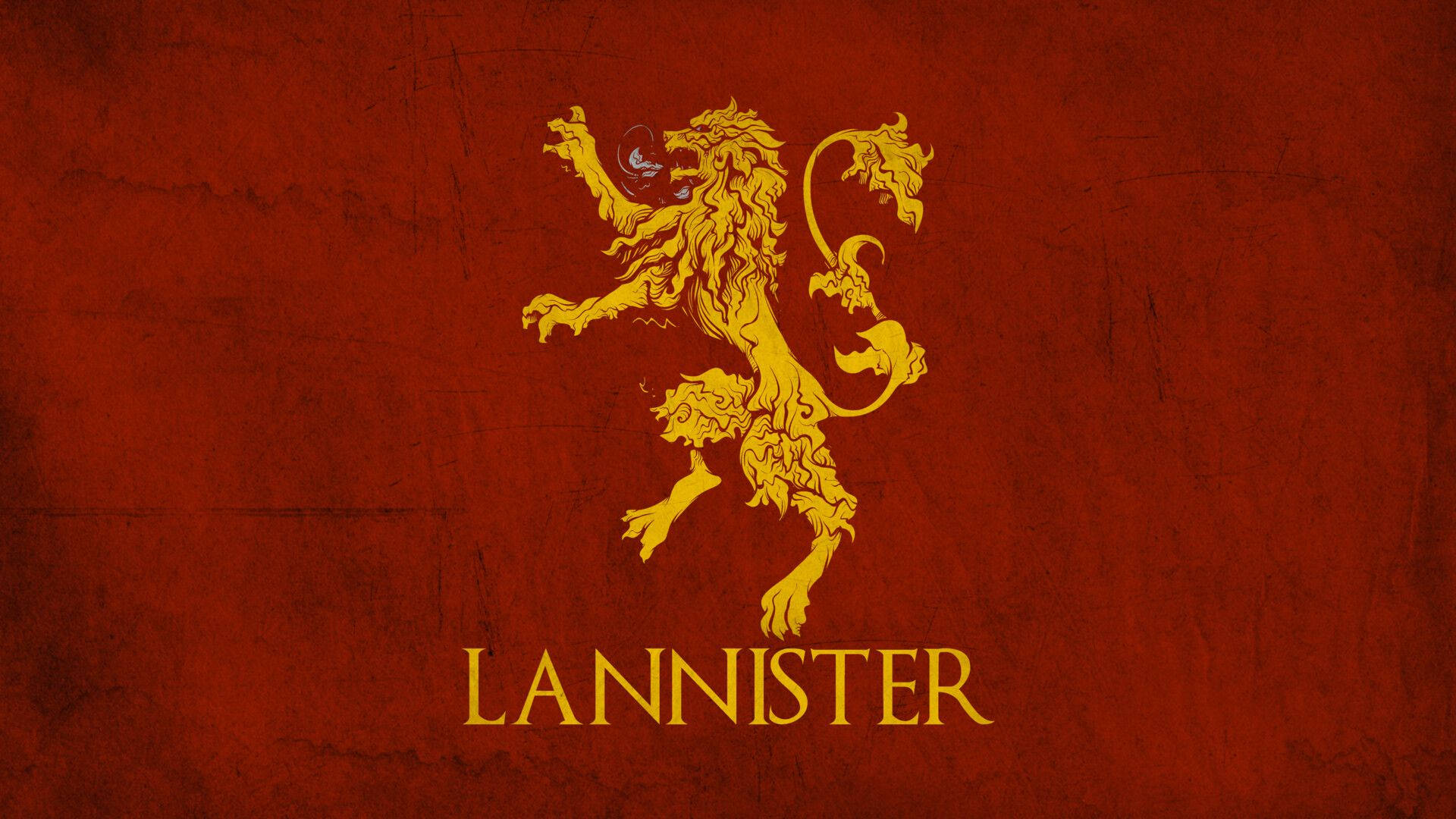 蘭尼斯特家族紅色紋理壁紙 壁紙 — 金色直立獅子徽章，下方有「LANNISTER」字樣，背景為有紋理的深紅色。