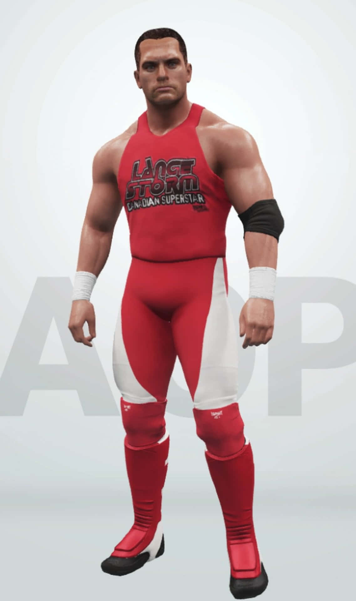蘭斯·斯托姆於WWE 2K18遊戲中 壁紙 — 一位肌肉發達的摔角手穿著紅白相間的Canadian Superstar服裝，自信地站在素色背景前。