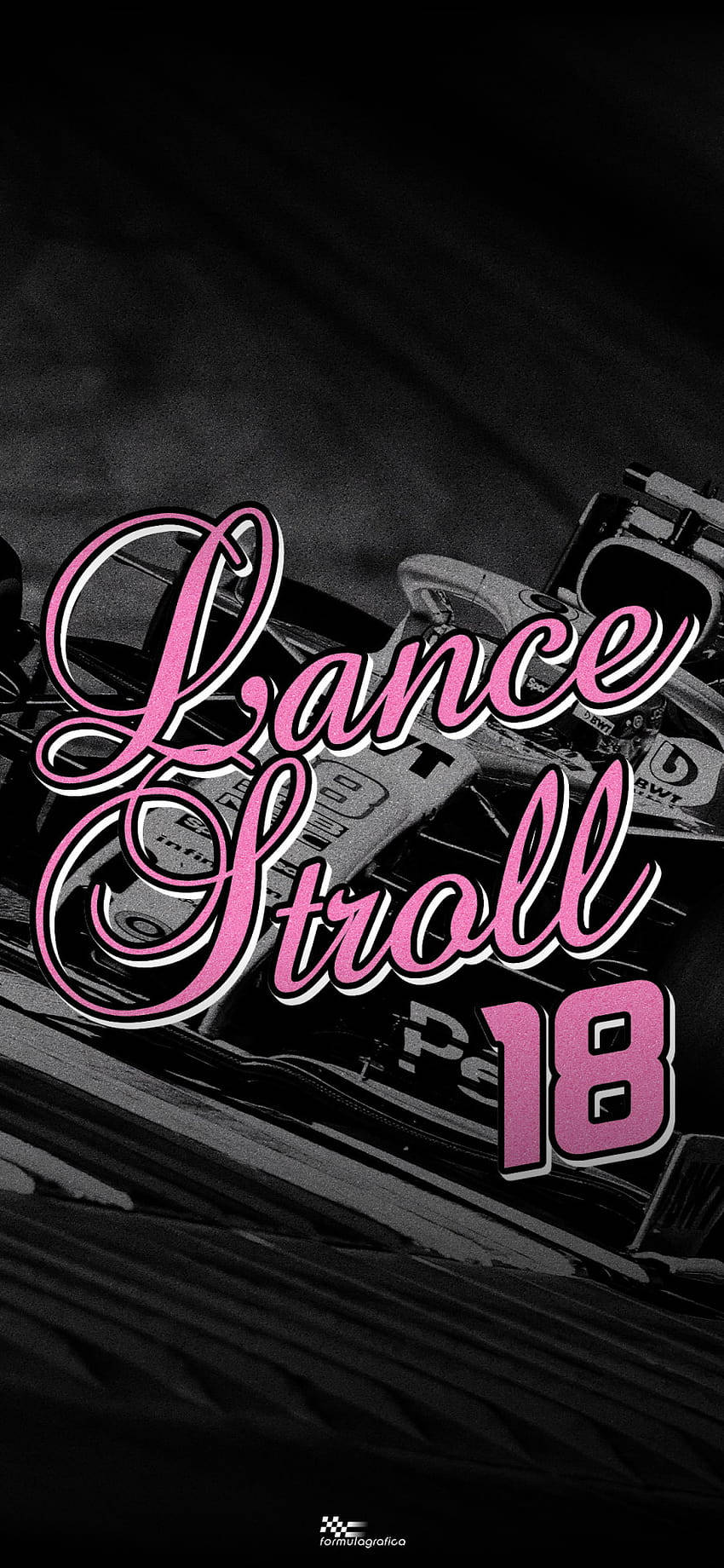 粉紅色風格文字「Lance Stroll 18」覆蓋在黑白賽車上。
