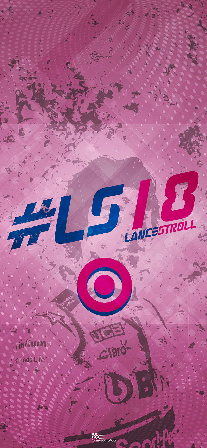 粉紅色和藍色賽車圖案，帶有 LanceStroll 品牌標誌和抽象圖案。