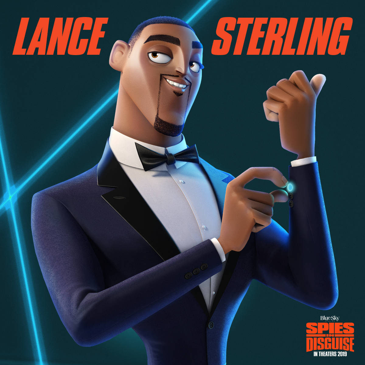 動畫角色 Lance Sterling 穿著燕尾服，在霓虹燈光背景下眨眼。