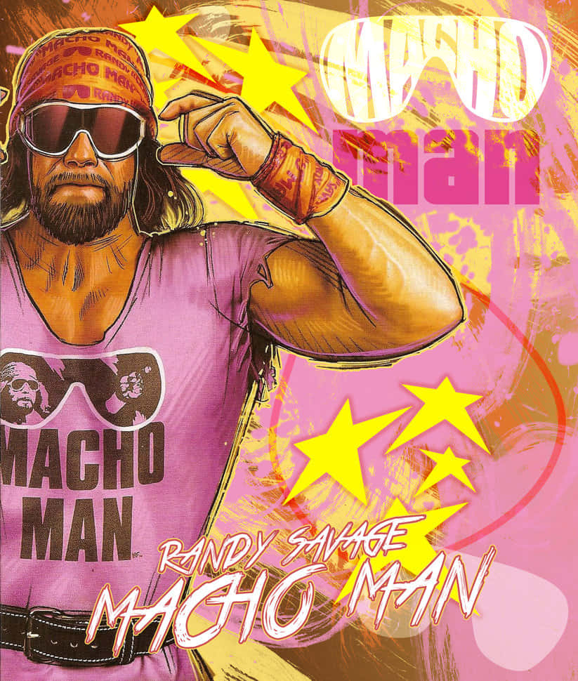 摔角手 Randy Savage 穿著 Macho Man 裝備，與星星和粗體文字一起擺姿勢。