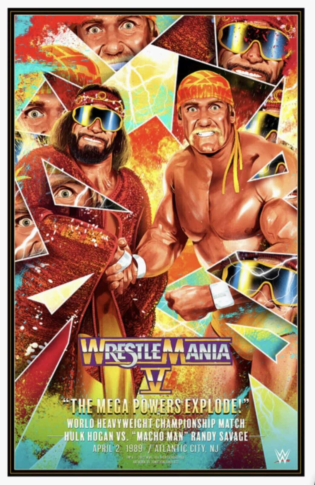 WrestleMania V 海報，以色彩繽紛的幾何設計展示 Hulk Hogan 和 Randy Savage。