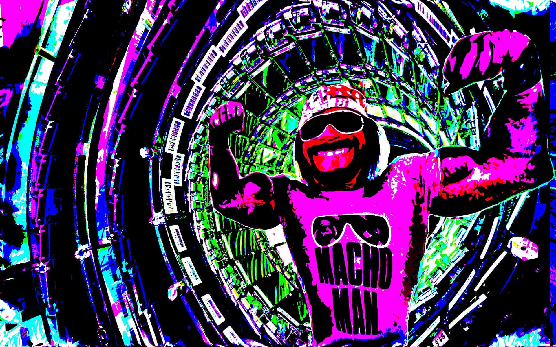 Macho Man 摔角手在帶有條碼牆的霓虹隧道中展示肌肉。
