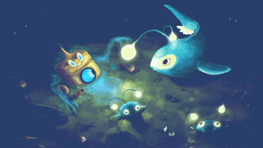 發光的大眼睛外星生物探索一個黑暗水下洞穴。