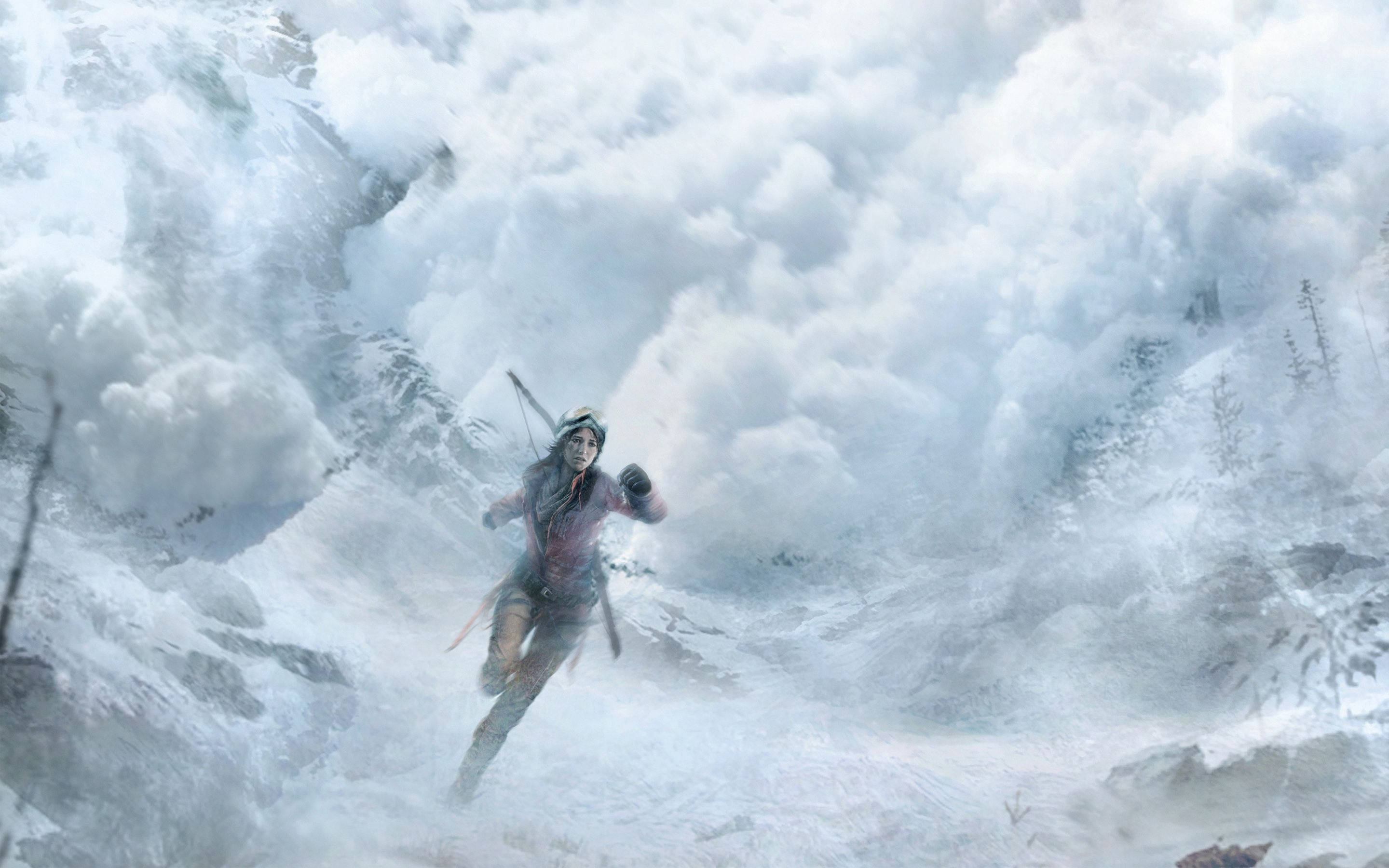 蘿拉·克羅夫特 雪景 古墓奇兵 壁紙 — 一位孤獨的冒險家在旋轉的暴風雪和參差不齊的冰層中攀登白雪覆蓋的山峰。