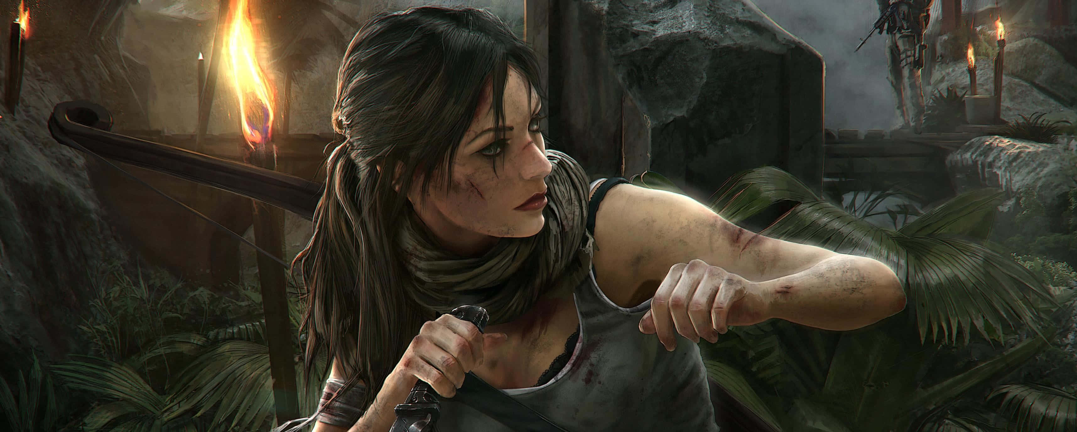 蘿拉·克羅夫特戰鬥姿勢 3440x1440p《古墓麗影：崛起》背景 壁紙 — 一個堅定的冒險家手持弓箭，站在一個由閃爍火炬照亮的叢林神廟中。