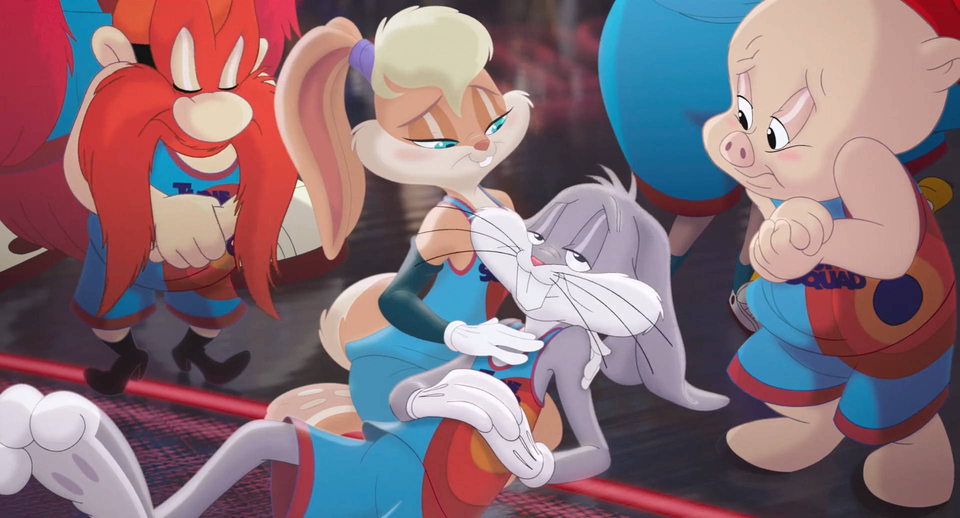 蘿拉兔協助兔八哥 壁紙 — Looney Tunes 角色在拳擊場上，賓尼兔被打敗，蘿拉兔抱著他，其他角色在旁觀看。