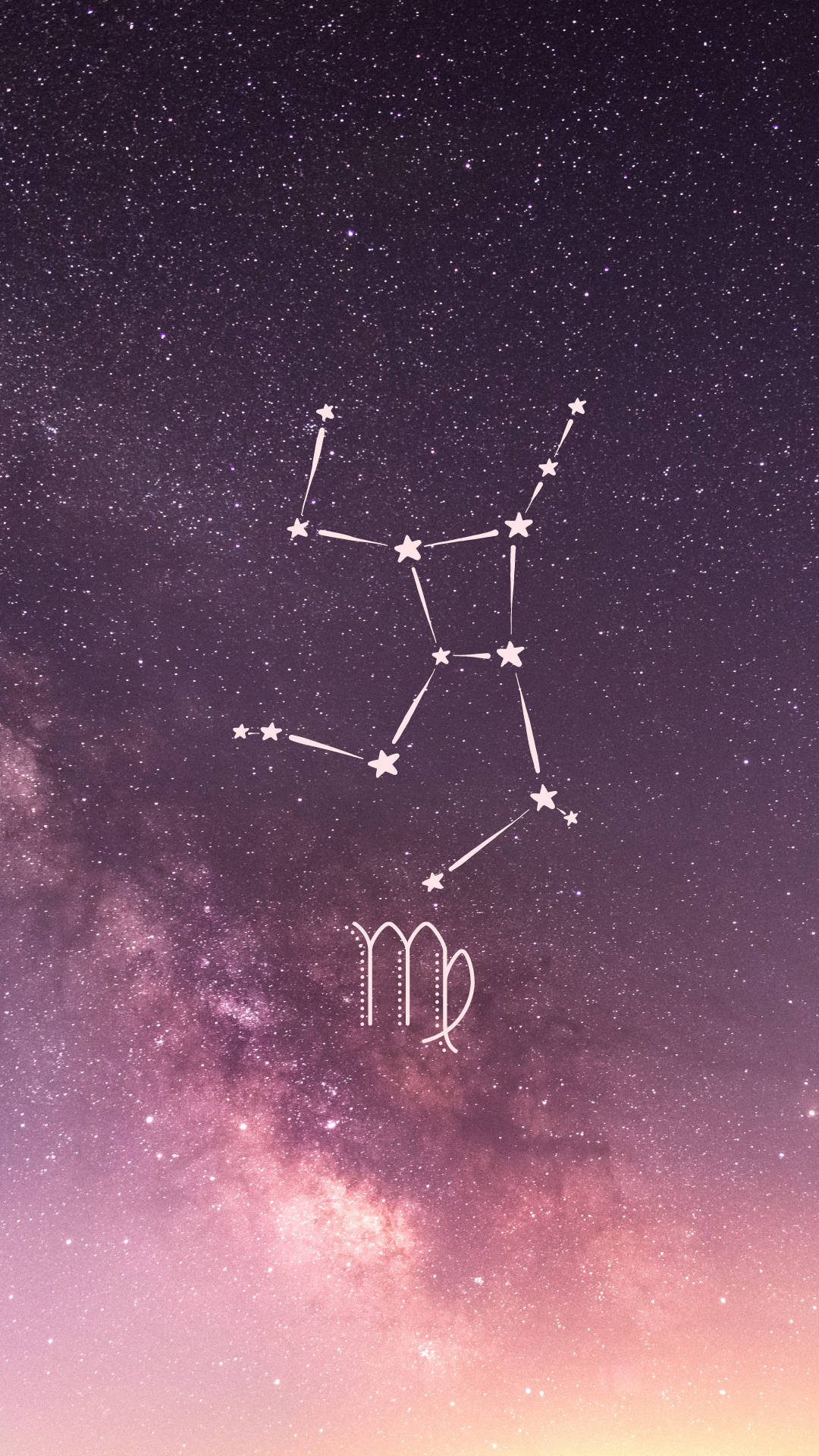 摩羯座以星星勾勒，襯托帶有銀河系的粉紫色星空。
