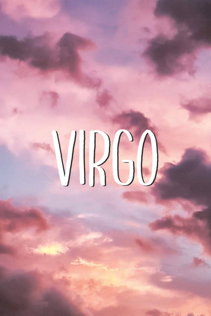 VIRGO 文字以白色居中，背景為粉紅色和紫色雲彩的柔和日落天空。