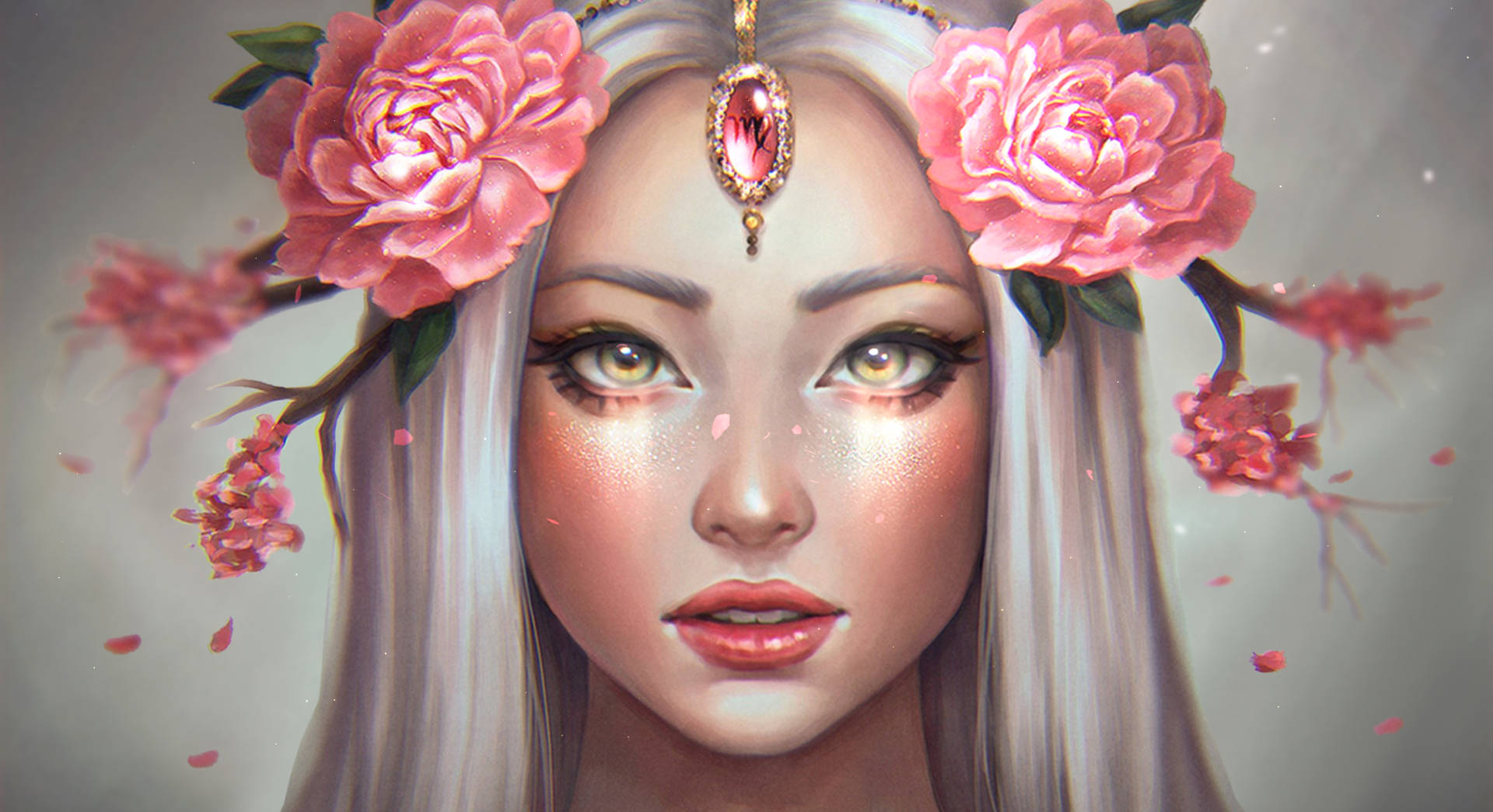 處女座可愛女士 壁紙 — 一位寧靜的動漫風格女性，銀色頭髮上飾有粉紅玫瑰和寶石頭飾，周圍環繞著飄落的花瓣。
