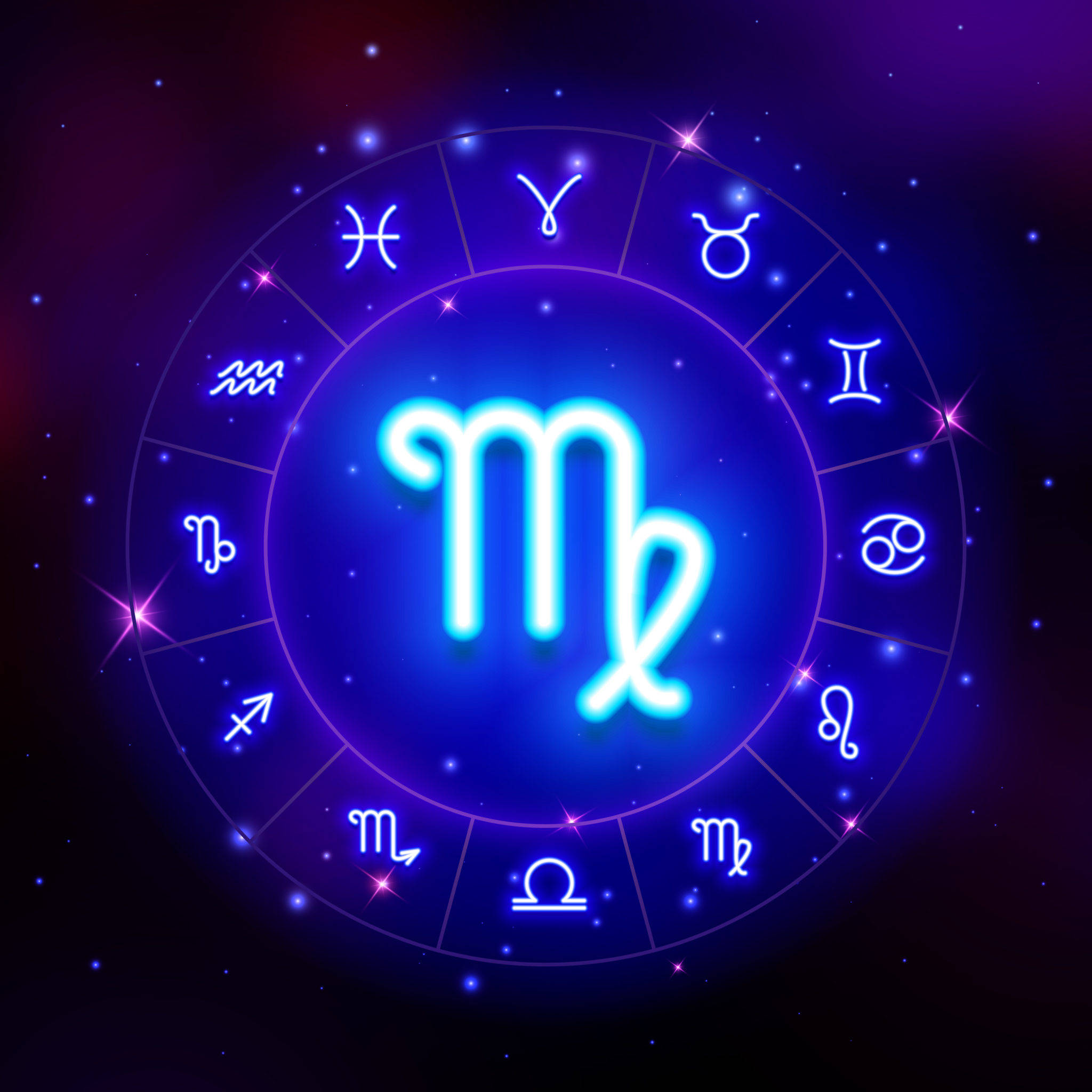 處女座圓形星象圖 壁紙 — 在星空宇宙背景下，發光的霓虹藍色摩羯座符號在黃道帶輪中心放射光芒。