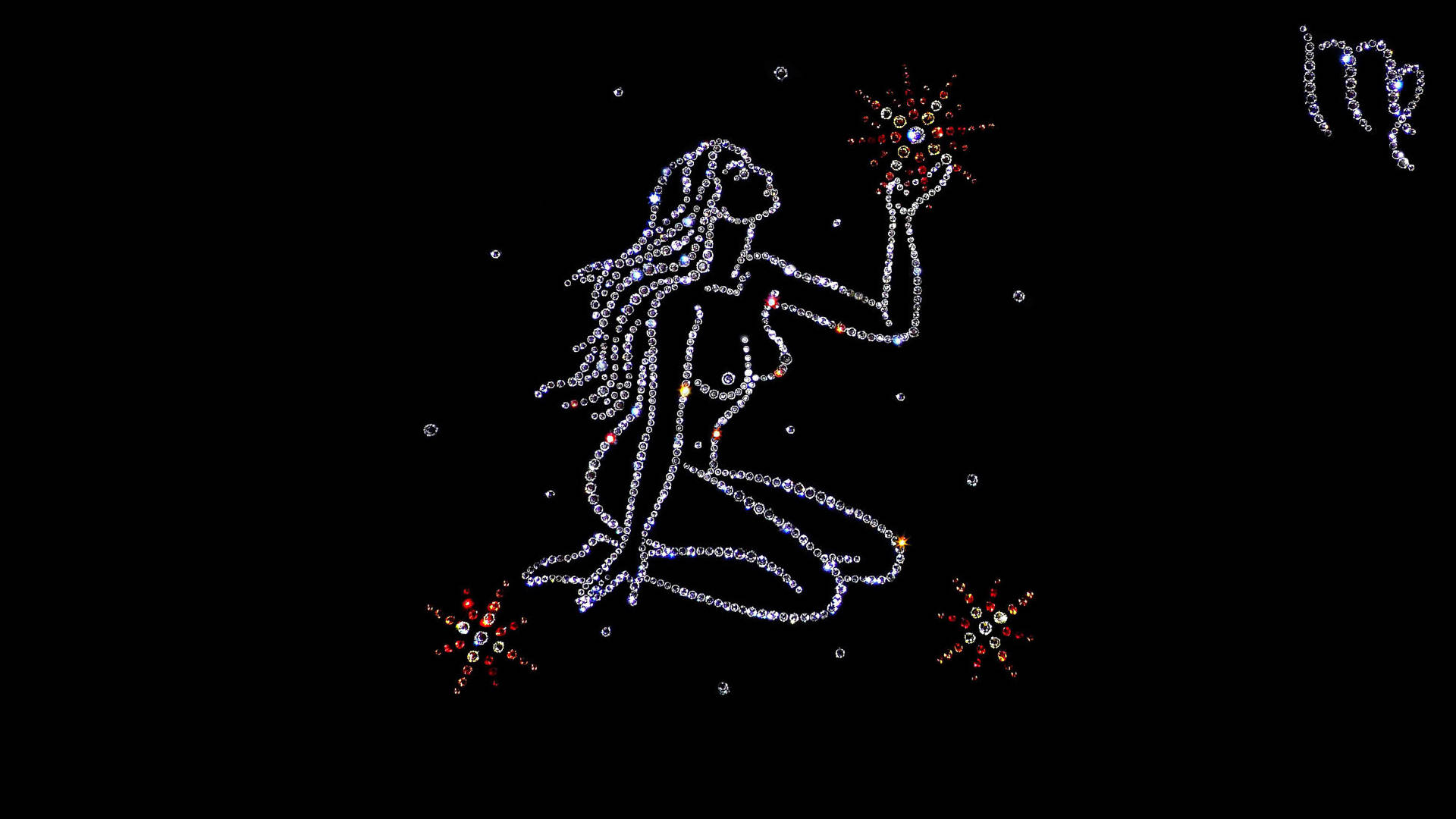 處女座女神符號 壁紙 — 一個閃閃發光的寶石輪廓，描繪一位跪著的女子手持星星，背景為黑色，散落著星星和天秤座符號。