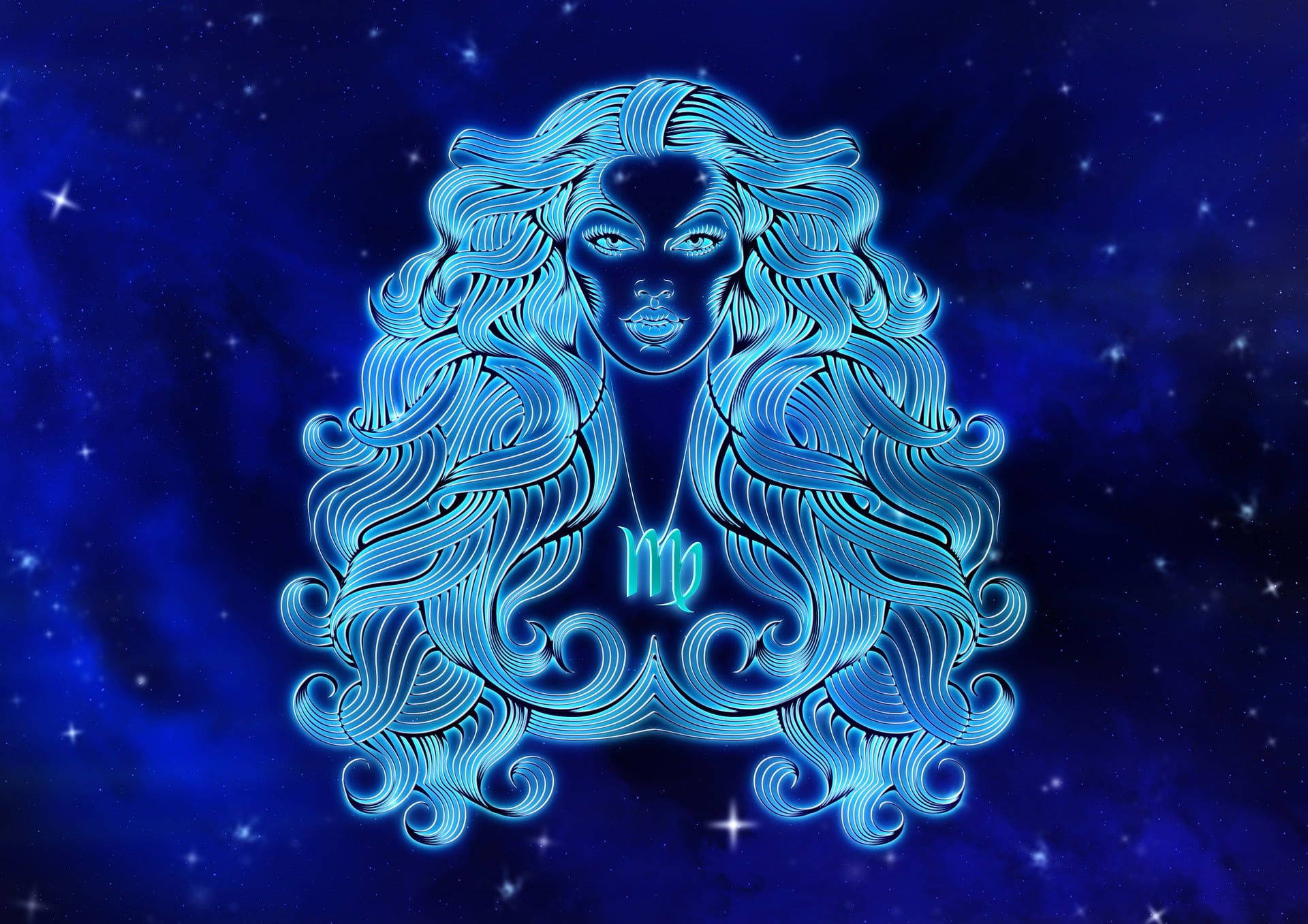 處女座星座命盤 壁紙 — 一個發光的藍色線條藝術女性，擁有飄逸的頭髮和星座符號，背景是繁星點點的宇宙。