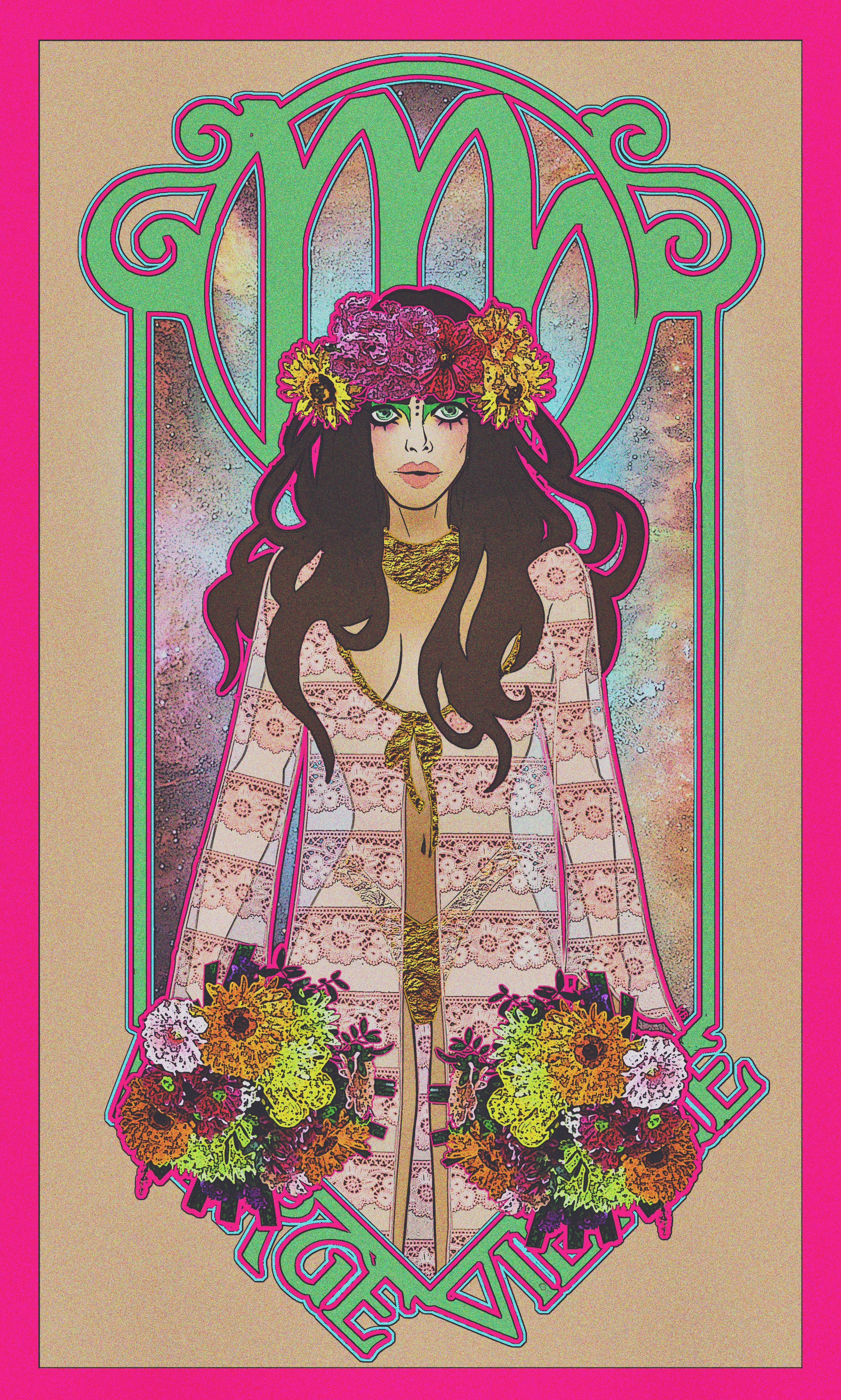 處女座星座塔羅牌 壁紙 — 一位風格化的女性，頭戴花冠，身穿圖案長袍，以裝飾性綠色新藝術風格邊框框住，背景為粉紅色。