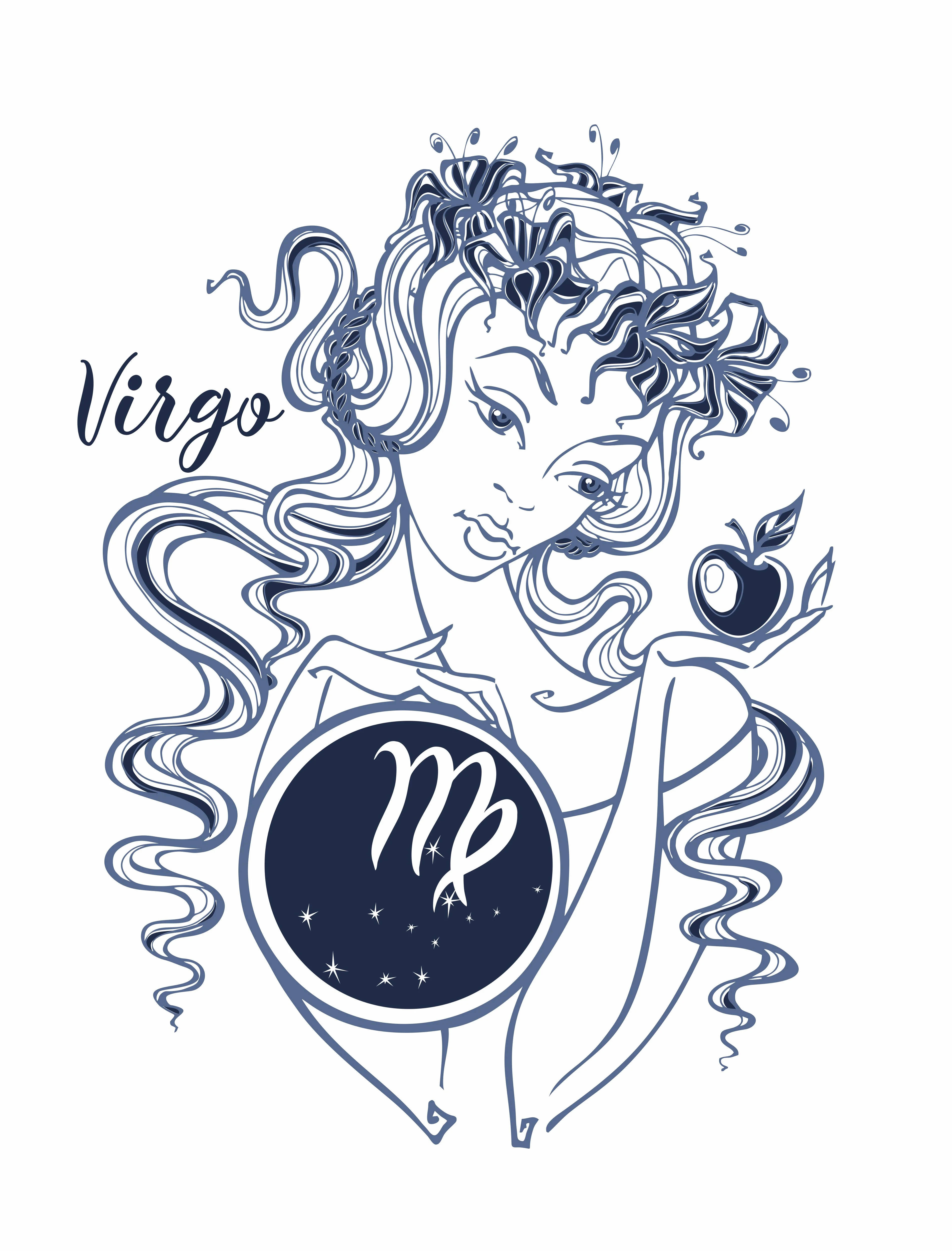 處女座星座數位插畫 壁紙 — 處女座星座的風格化藍色墨水插圖，一位少女手持蘋果和星形徽章。