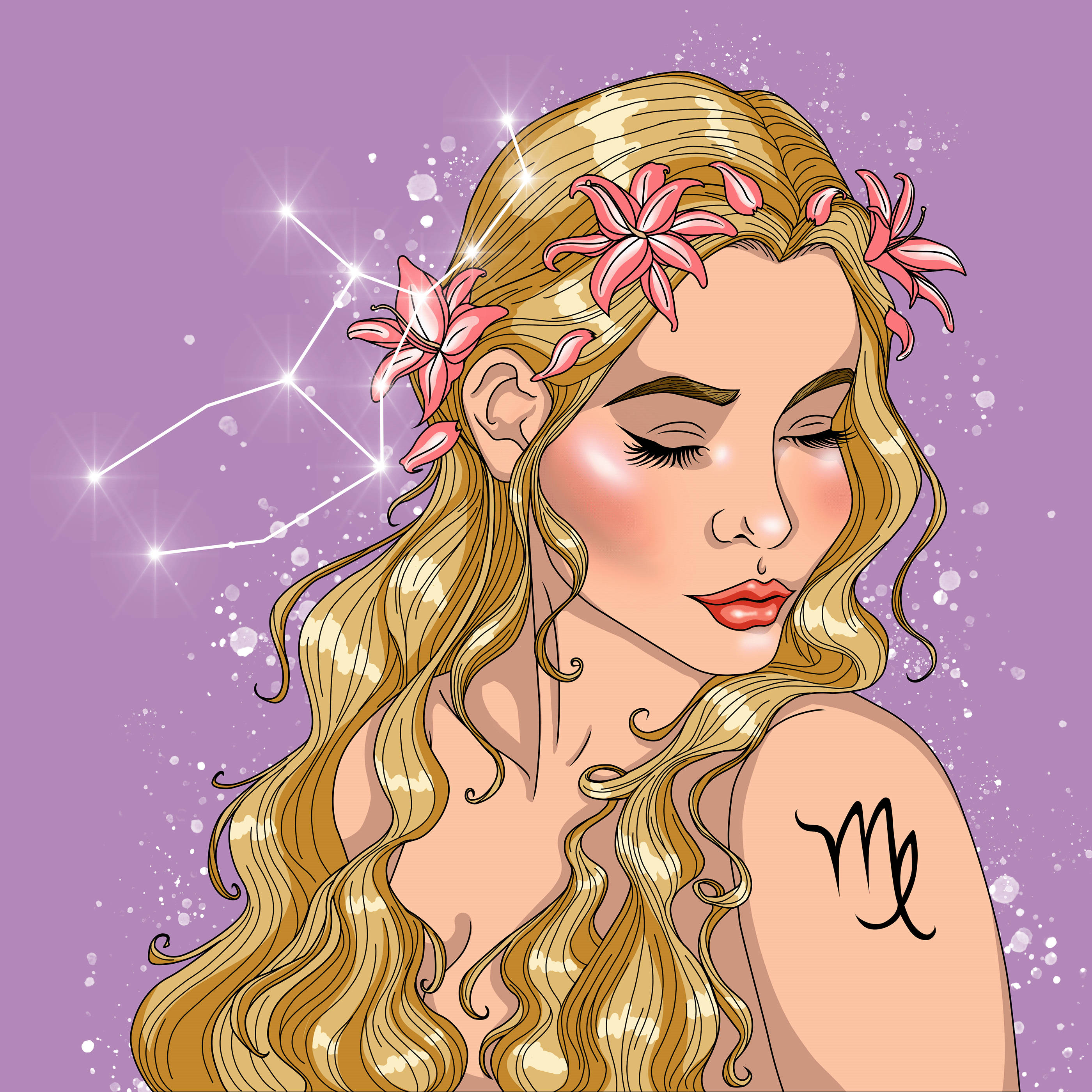 處女座星座紋身藝術 壁紙 — 一位寧靜的插畫女子，金色捲髮上綴有粉紅花朵，在閃爍的紫色星空背景下低頭凝視，肩上有一個處女座星座紋身。
