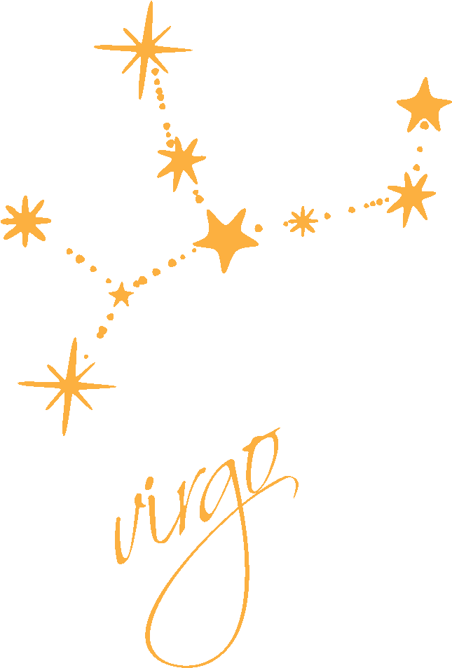 處女座星象符號星座圖 壁紙 — 金色處女座星座星星以虛線連接，黑色背景上帶有草書處女座文字。