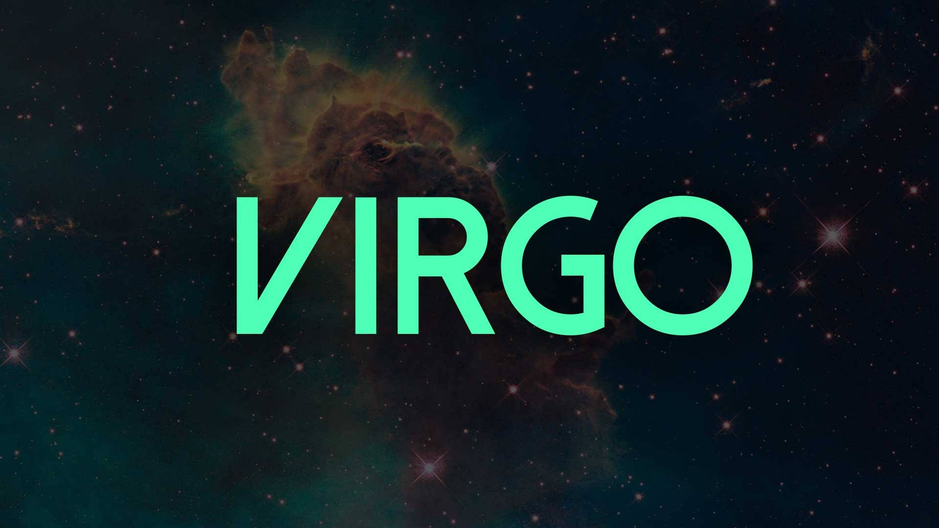 處女座綠色文字壁紙 壁紙 — 大膽的綠色VIRGO文字疊加在宇宙星雲上，星雲中閃爍著星星，位於深空。