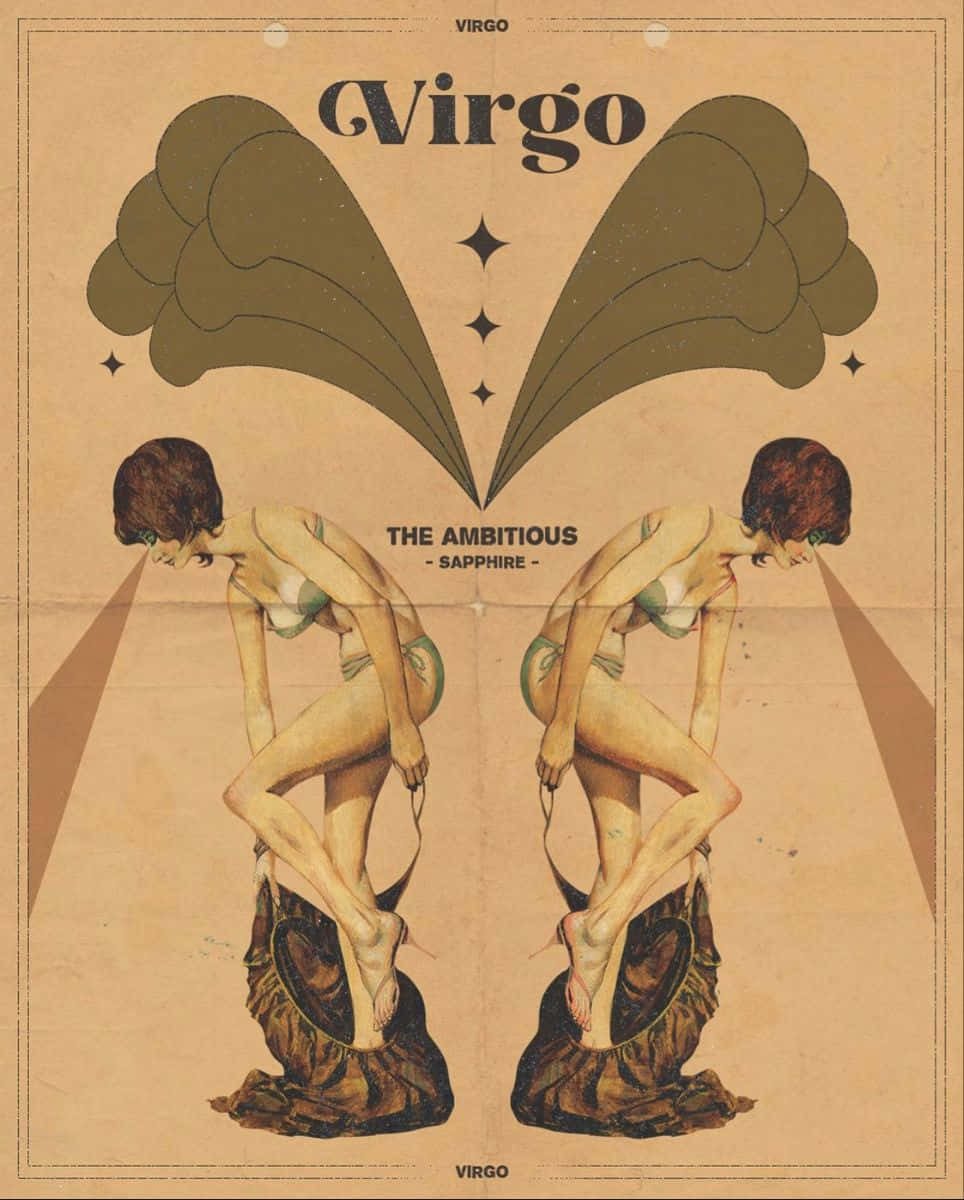 處女座復古星座海報，展示身穿比堅尼、帶翅膀的女性鏡像及文字。