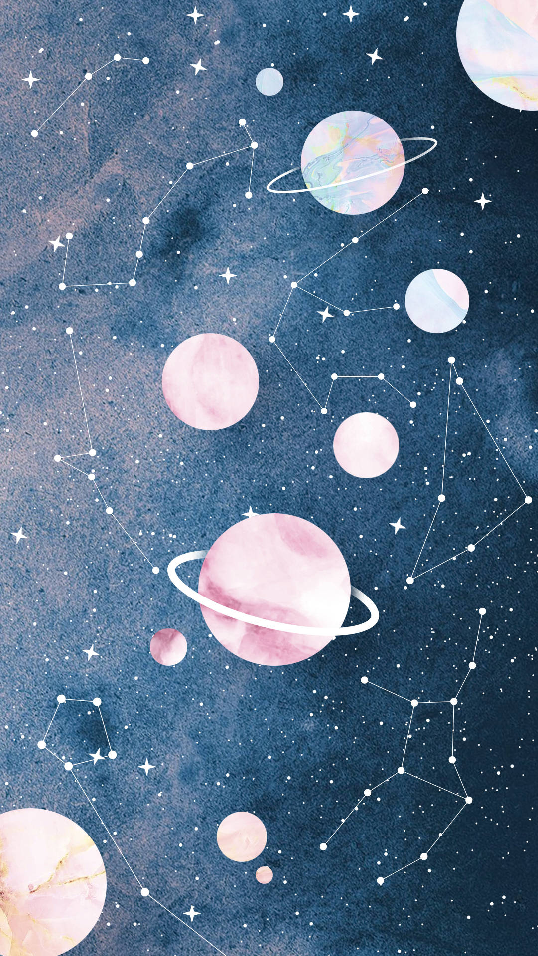 處女座行星與星座圖 壁紙 — 夢幻水彩宇宙，柔和色調的行星與星座漂浮在深藍色星空之中。