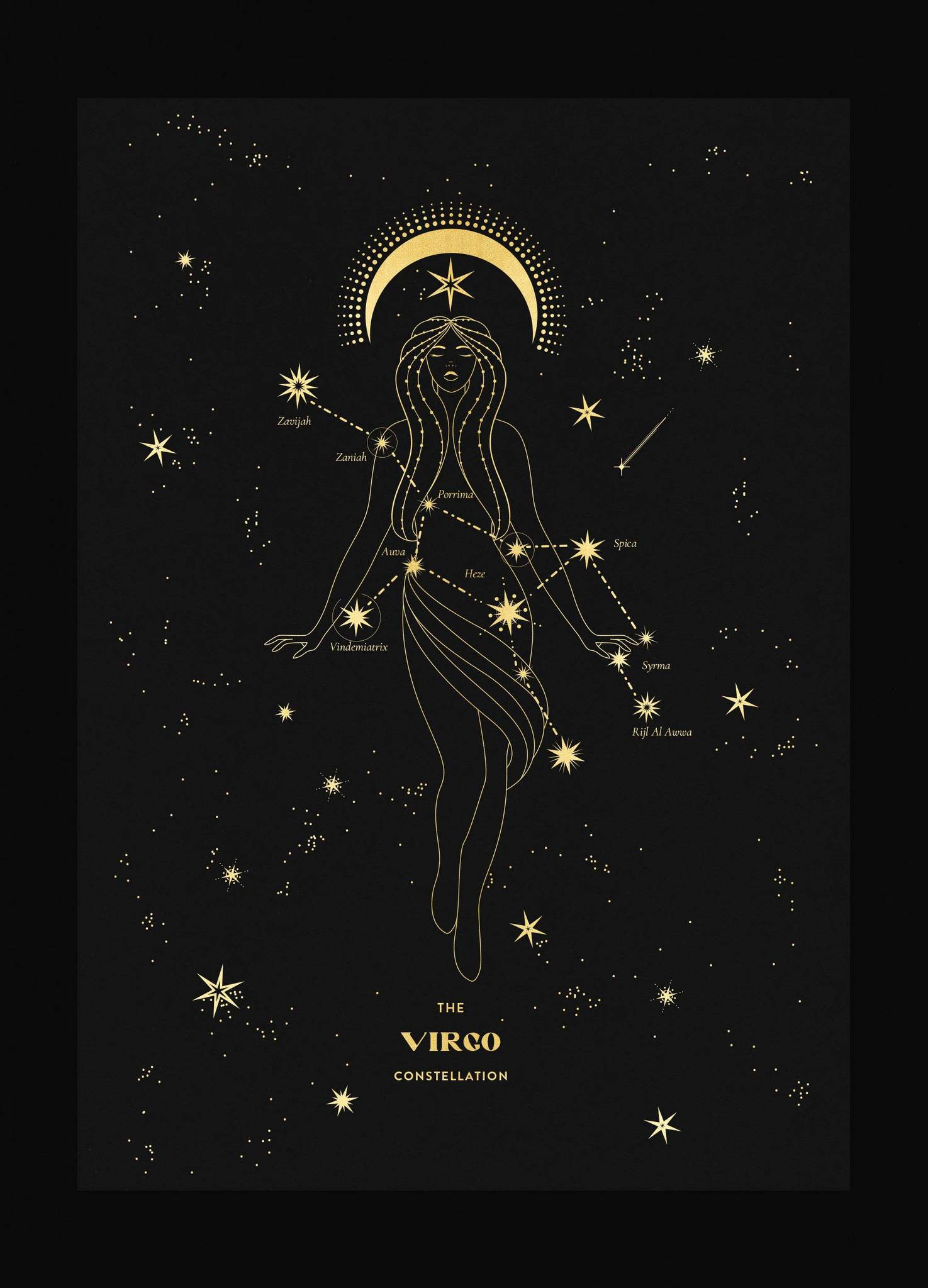 處女座金色女神 壁紙 — 金色線條藝術插圖，描繪處女座為一位優雅的女性，伴隨星星和彎月，背景為黑色。