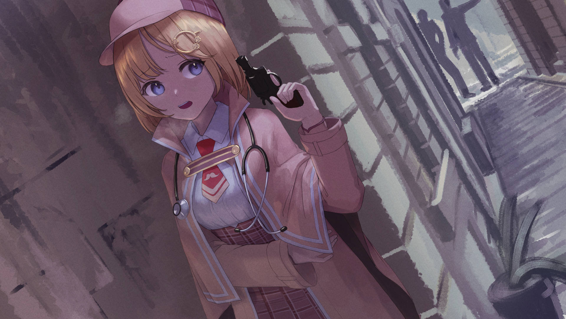 動漫女孩穿粉紅色制服在雨中小巷拿手槍