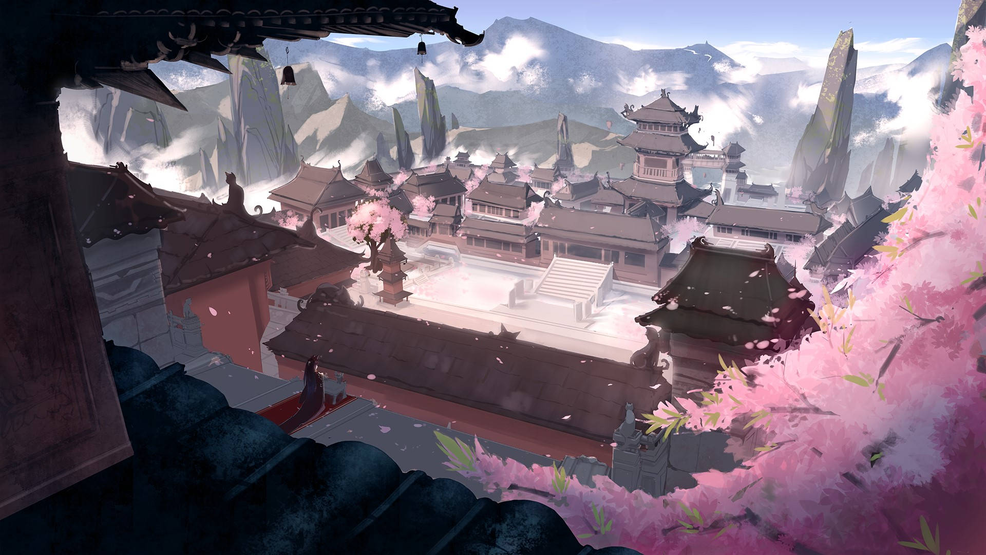 虛構亞洲城市風景 壁紙 — 一個寧靜的動漫風格寺廟建築群，坐落在霧氣繚繞的山巒中，鮮豔的粉紅櫻花點綴著景色。