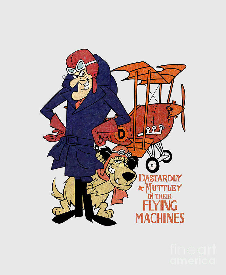 虛構角色 Muttley 與 Dastardly 壁紙 — 復古卡通角色 Dastardly 和 Muttley 自豪地站在他們的橙色雙翼飛機旁邊，背景為純色。