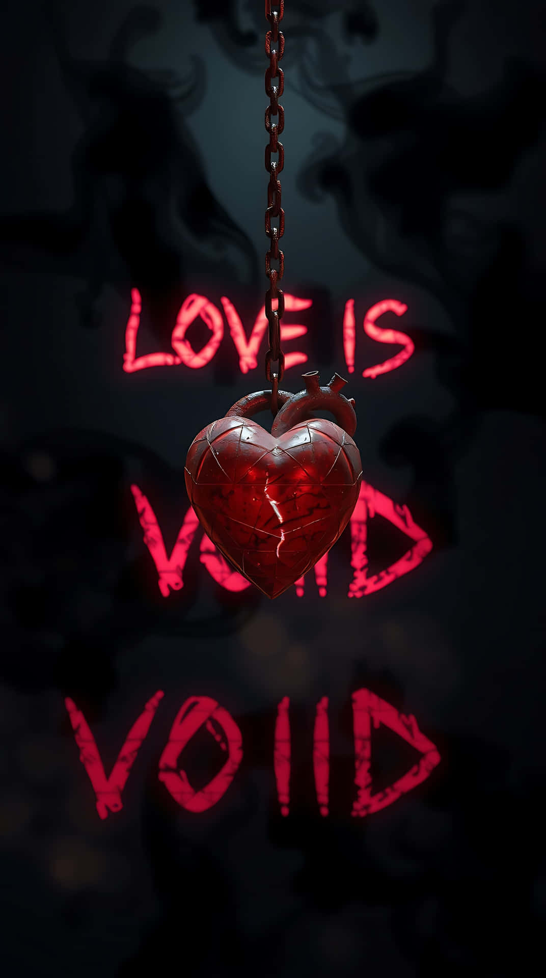 一個破裂的紅色心形由鏈條懸掛，帶有發光的紅色文字寫著 love is void void。
