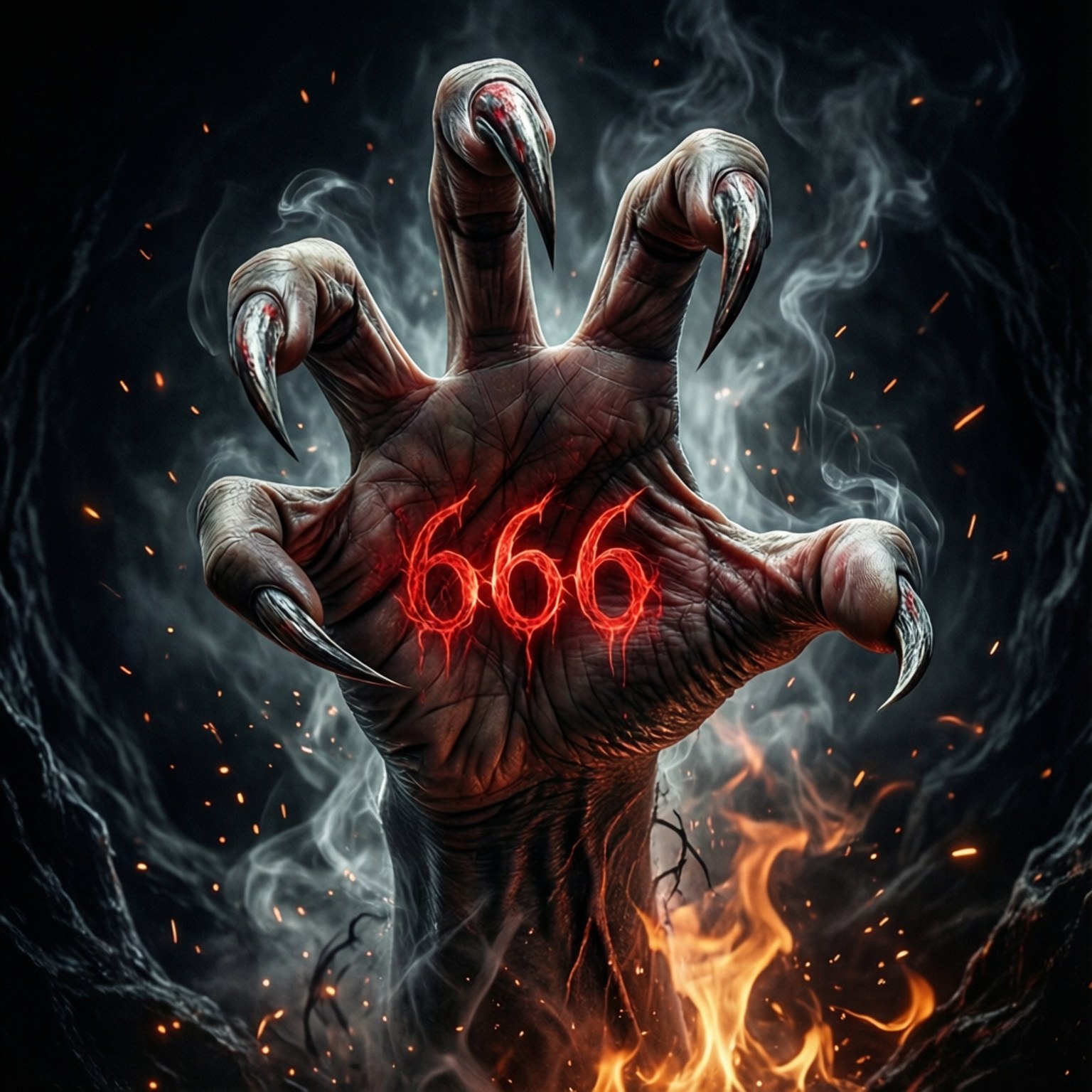 惡魔之手帶有發光的紅色666，從火焰和煙霧中浮現。