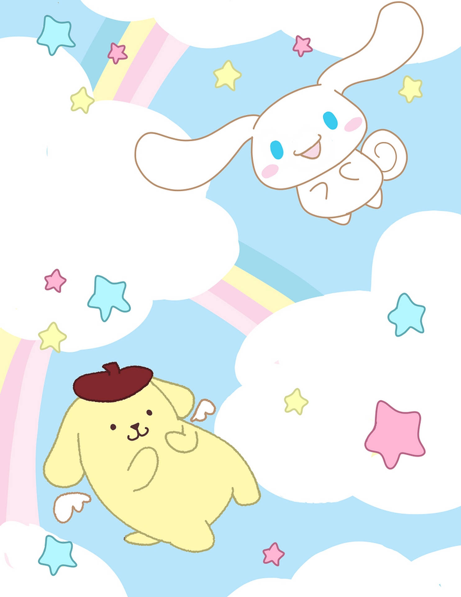 兩隻卡通兔仔喺有雲同彩虹嘅天空漂浮。 — 布甸狗 GIF 壁紙