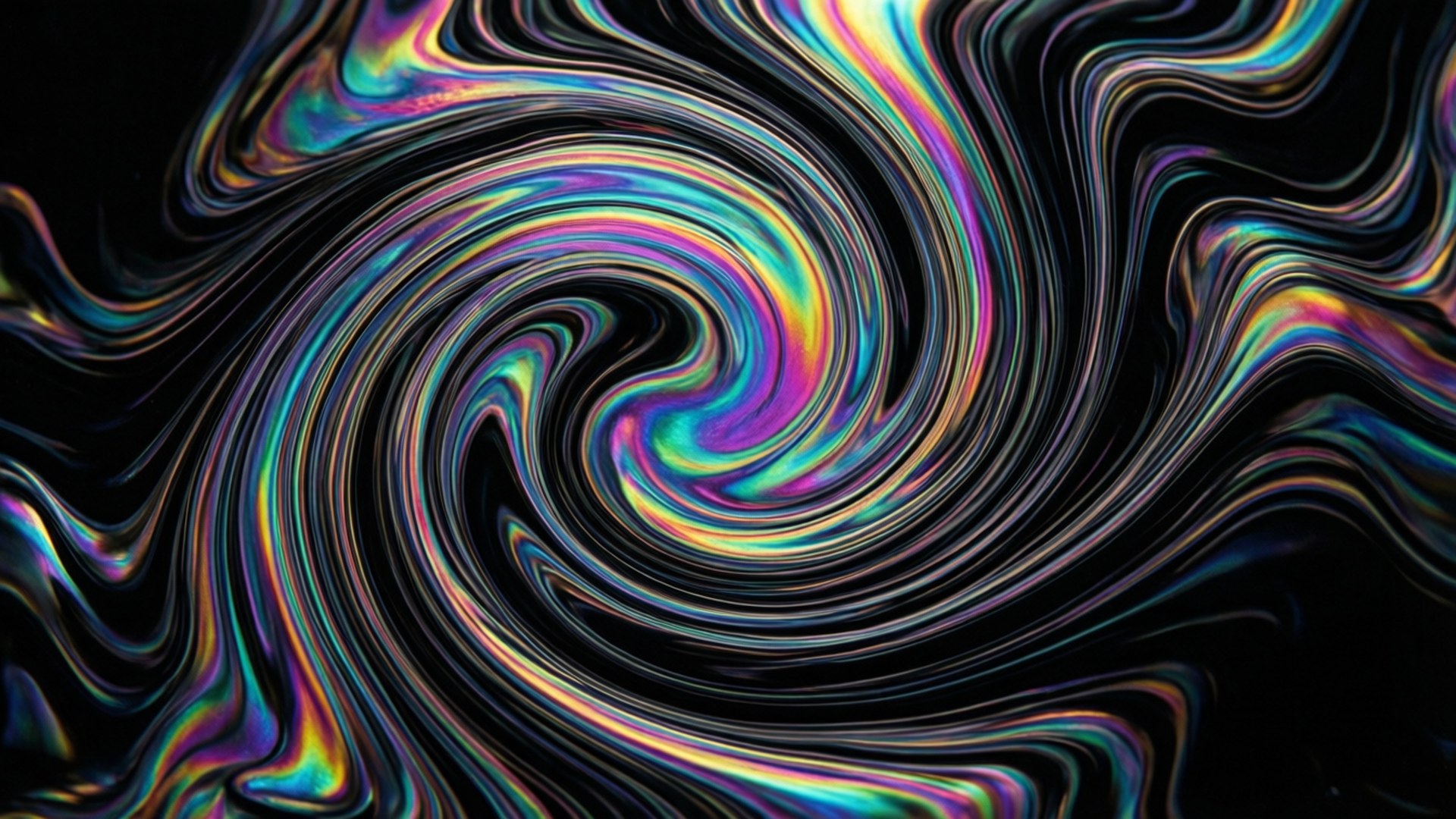 虹彩油紋 壁紙 — 充滿活力的彩虹色調虹彩漩渦在深黑色背景上動態流動。